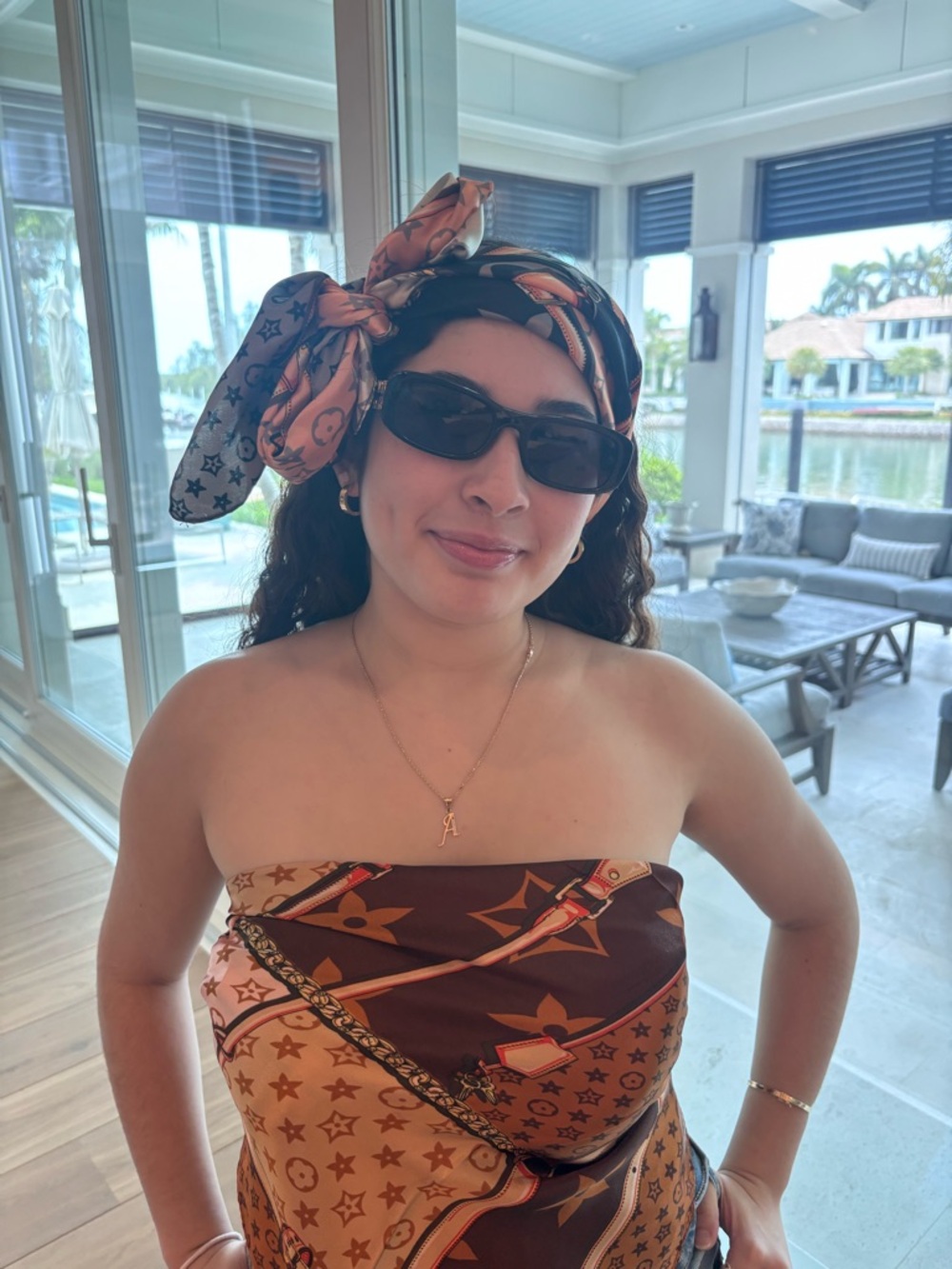 Silk Star-Print Tie-Back Bandana Top in Beige & Orange,black - Picture 8 of 12